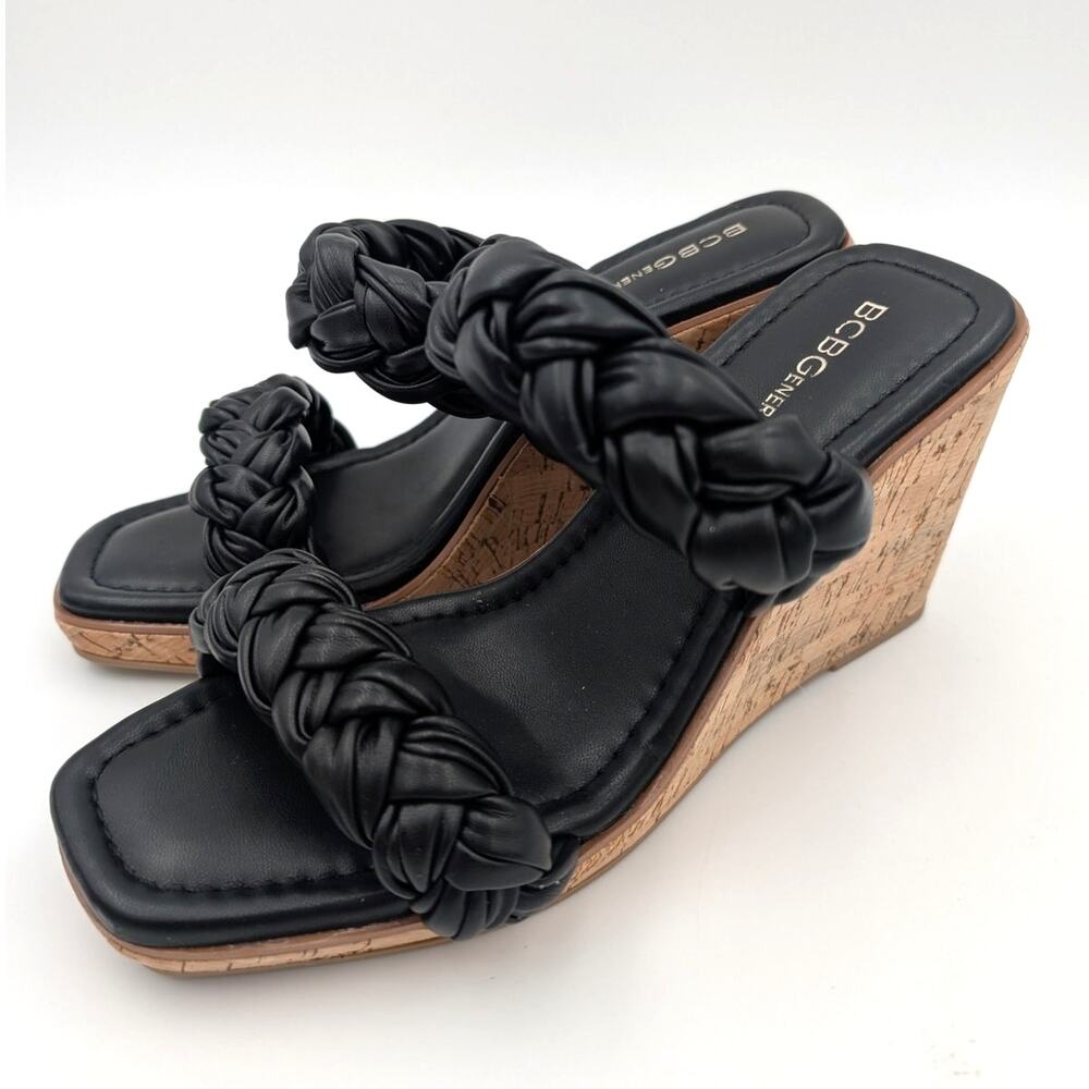 BCBGeneration Ulana Braided Wedge Sandal Women's Black Size US7.5M EU38